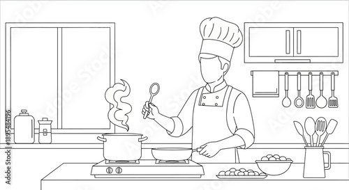 Chef in a Bright Kitchen Cooking a Meal on the Stove with Pot and Pan.