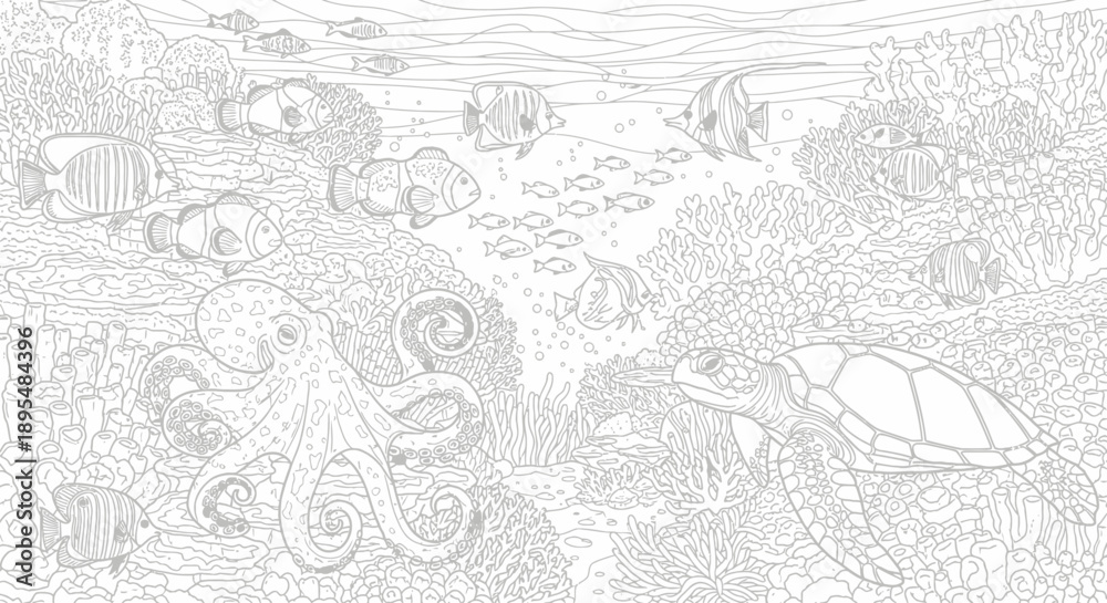 Obraz premium Whimsical underwater scene with octopus, turtle, fish and coral in intricate line art.