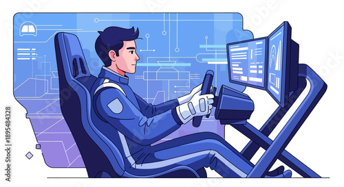 Illustration of a businessperson operating a high-tech control cockpit with screens.