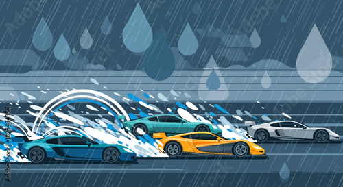 Racing Cars Burst Through Rainy Splash On a Dynamic Track in Wet Weather.