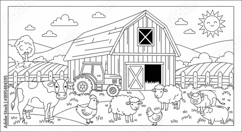Busy farm scene with barn, animals, and tractor in rural countryside.