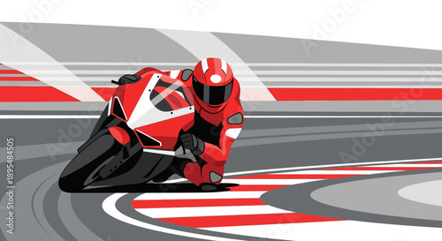 High-speed motorcycle racer leans into a sharp curve on a red-and-white race circuit.