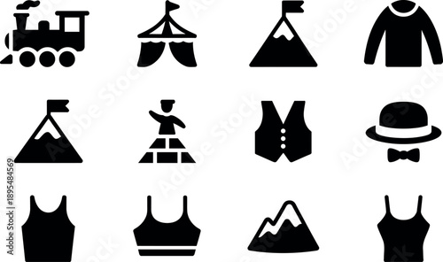Collection of simple black vector icons representing clothing transportation and outdoor elements