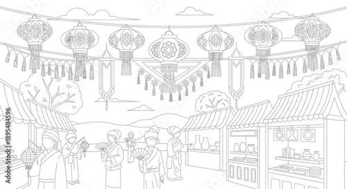 Illustrated bustling festival street scene with lanterns, market stalls, banners, and a crowd enjoying cultural celebration.