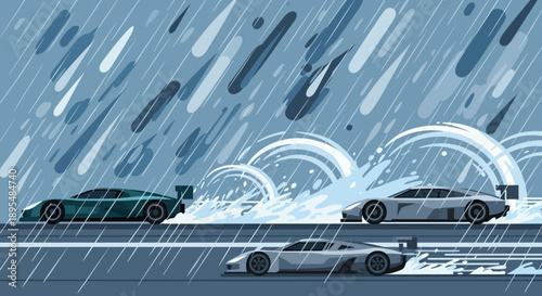 Rainy Night Traffic: Moving Cars Splash Through Wet Streets Under City Lights.