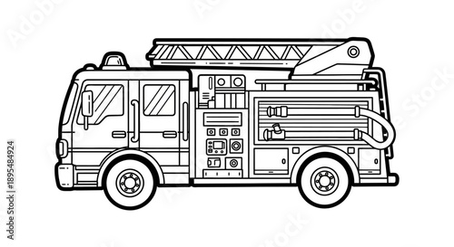 Detailed fire truck with ladder and emergency equipment on display in service vehicle.