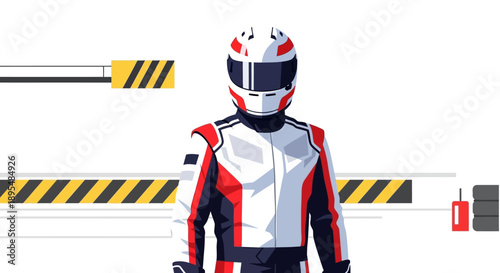 Racing driver in helmet standing beside safety barriers at trackside event with racing suit.