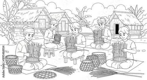 Traditional rural market scene with vendors selling bread and baskets outdoors.