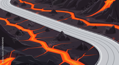 Winding road slicing through a molten lava landscape with glowing fissures and steam.