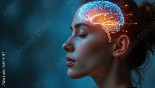 Woman with glowing brain overlay, representing intellect and mental energy. Her profile shows focus and clarity, highlighting cognitive function and inner thought processes for wellness.