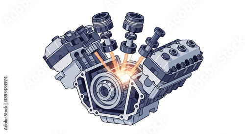 Industrial engine block and components with gears and pistons, showcasing mechanical power and engineering design.