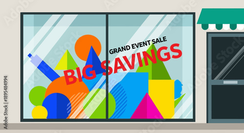 Vibrant storefront display with bold abstract colors and a prominent sale signage across windows.