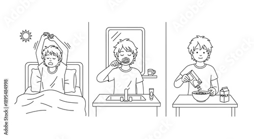 A cheerful young person goes through a simple morning routine: waking up, having breakfast, and starting the day.