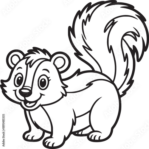 Illustration of a cute cartoon skunk with a fluffy tail in black and white outline style design