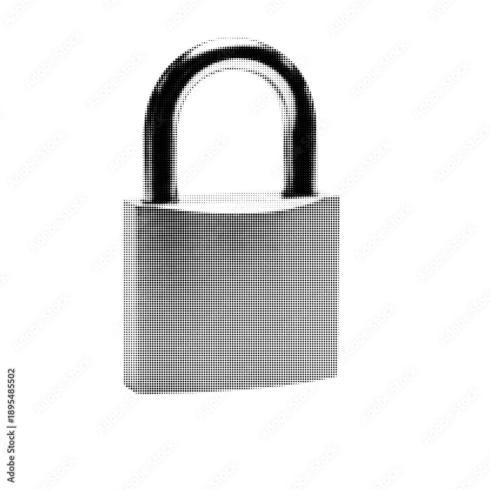 Fototapeta premium Halftone style black and white locked padlock icon isolated with transparent background security concept illustration with dot shading effect in center composition