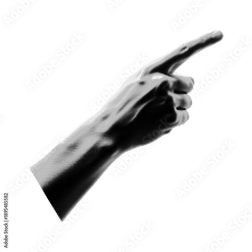 Halftone style close up of human right hand pointing finger directed right side with transparent background in monochrome black and white artistic illustration