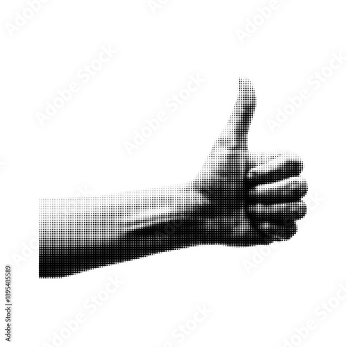 Halftone style close up of hand showing thumbs up gesture isolated on white transparent background with dotted shading effect in black and white vintage pop art style