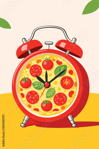 An alarm clock with a pizza face representing a late night craving or delivery time.