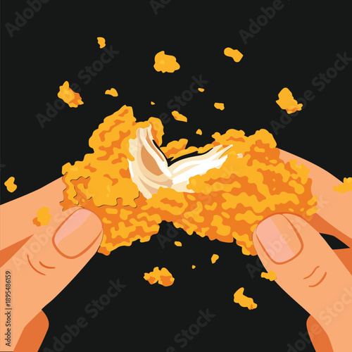 Hands breaking apart a crispy fried chicken piece to show the juicy meat.