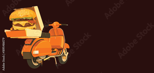 A delivery scooter parked next to a large dark brown background for copy space.