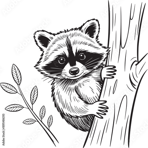 Raccoon peering from behind a tree trunk with a leafy branch in a black and white illustration