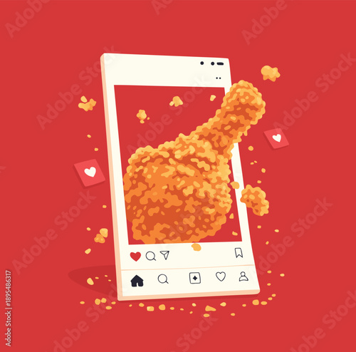 A crispy fried chicken leg appearing inside a mobile phone screen.