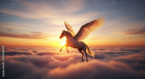 Majestic white Pegasus horse with large wings soaring through a breathtaking sunset sky above a sea of clouds.