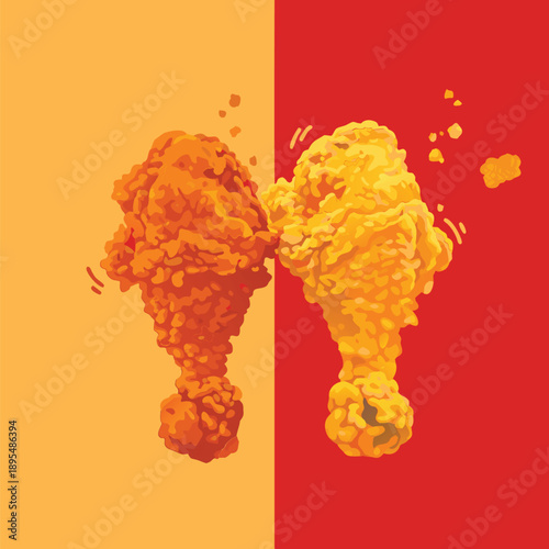 Two pieces of fried chicken wings held up against a split background.