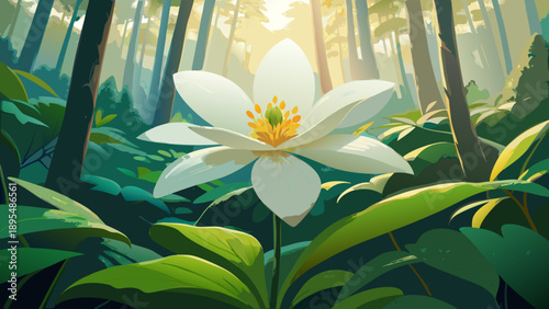 Very beautiful close-up of a white flower with yellow stamens blooming in spring, symbolizing life, renewal, and hope, set against a lush green forest background filled with natural freshness.