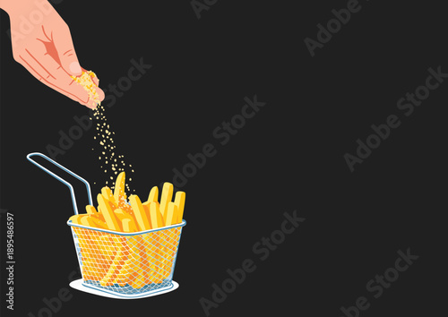 A hand dipping a french fry into a bowl of yellow sauce or mustard.