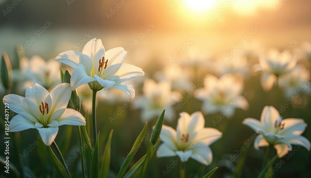 Obraz premium Field of white Easter lilies blooms. Soft morning sun shines on delicate flowers. Gentle light illuminates petals and stamens. Green leaves and stems grow. Peaceful nature scene.