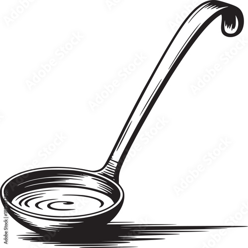 Illustration of a black and white ladle with a long handle and liquid inside the bowl shape tool