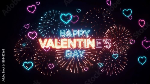 Happy Valentine’s Day Colorful Fireworks and Neon Hearts, Joyful Romantic Love Animation Background