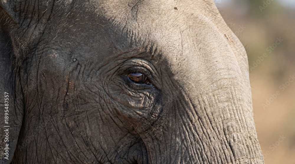 Fototapeta premium Close-up view of Asian elephant eye and face texture. Thai wildlife symbol for National Thai Elephant Day. Cultural heritage and conservation concept in Chiang Mai region