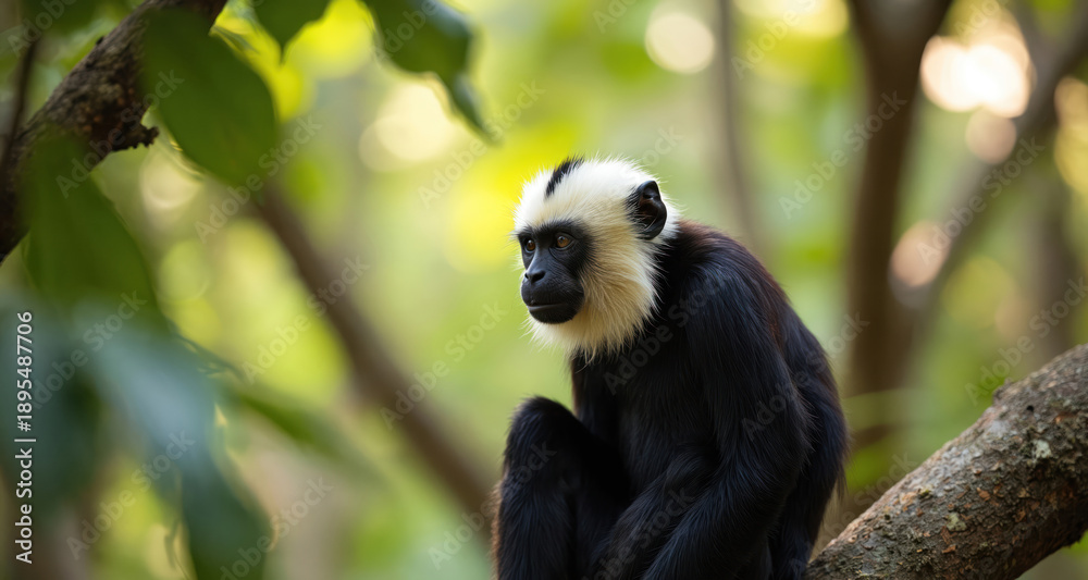 Fototapeta premium Black monkey with white face and collar sits on tree branch in green jungle foliage. Primate looks left with curious gaze. Nature scene shows mammal in natural habitat.