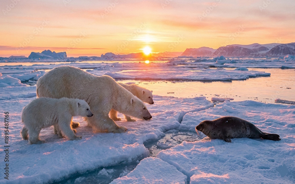 Naklejka premiumpolar bears hunting at sunrise