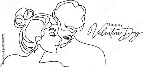 Loving couple. Happy Valentine's day card. Continuous one line drawing of man and woman.