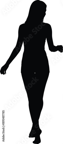 A woman walking alone in a black silhouette against a white background with her arms swinging and long hair flowing behind her