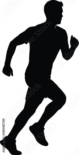 A silhouette of a man running in a dynamic pose with one leg bent
