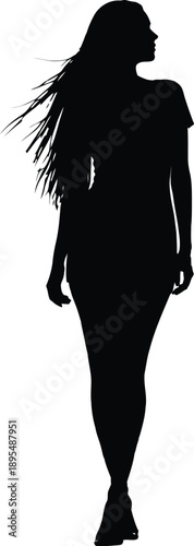 Silhouette of a woman with long hair walking alone on a plain background