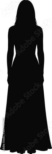 A woman in a long dress standing with her back to the viewer in a black silhouette against a white background