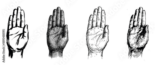 Four hand-drawn illustrations of a human hand in a stop gesture, showcasing different artistic styles like ink sketch, cross-hatching, and bold brush strokes in a collection