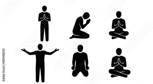 Silhouettes of people in various meditation and prayer poses.