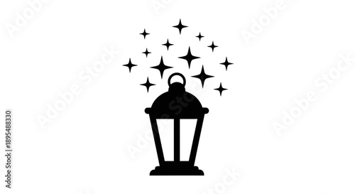 Black lantern silhouette with sparkling stars around it on white background.