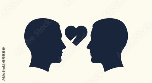 Two silhouetted heads facing a broken heart symbolizing heartbreak or separation.