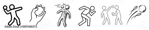 Set of six black and white dodgeball icons showing throwing, hitting, and dodging actions in various simple line art, sketch, and dotted styles for sport concepts