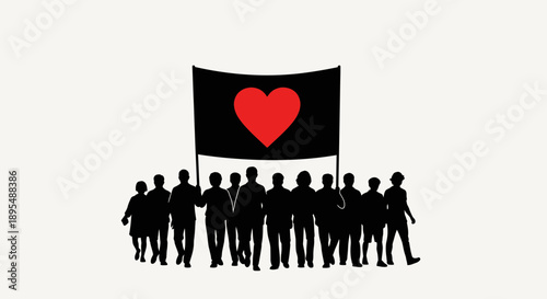 Group of people holding a flag with a red heart symbol together.