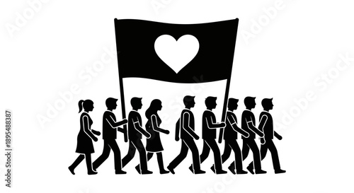 Silhouettes of people marching with a heart flag.