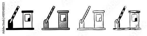 Set of four hand-drawn toll booth icons in various sketch and doodle styles, including silhouette, hatching, and stippling for a graphic design element
