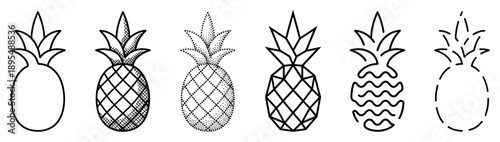 Set of six black pineapple fruit icons drawn in various minimalist styles, including simple contour, crosshatch sketch, stippling, geometric, and abstract lines